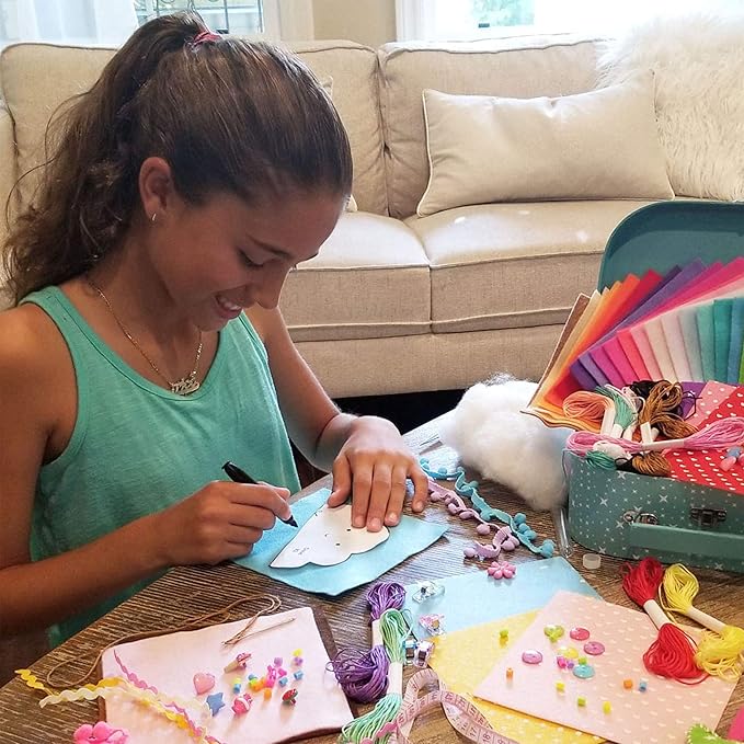ARTIKA Sewing Kit for Kids - Craft Kit for Girls & Boys w/Booklet, Stencil Shapes, Supplies to Sew and Travel Case (Unicorn)