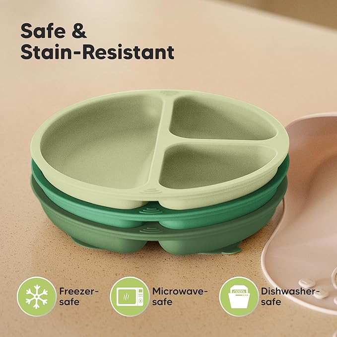 KeaBabies Suction Plates for Baby, Toddler - 3-Pack 100% Silicone Toddler Plates, Divided Baby Plates with Suction, Silicone Plates for Baby, Kids, BPA-Free, Microwave, Dishwasher Safe (Forest)