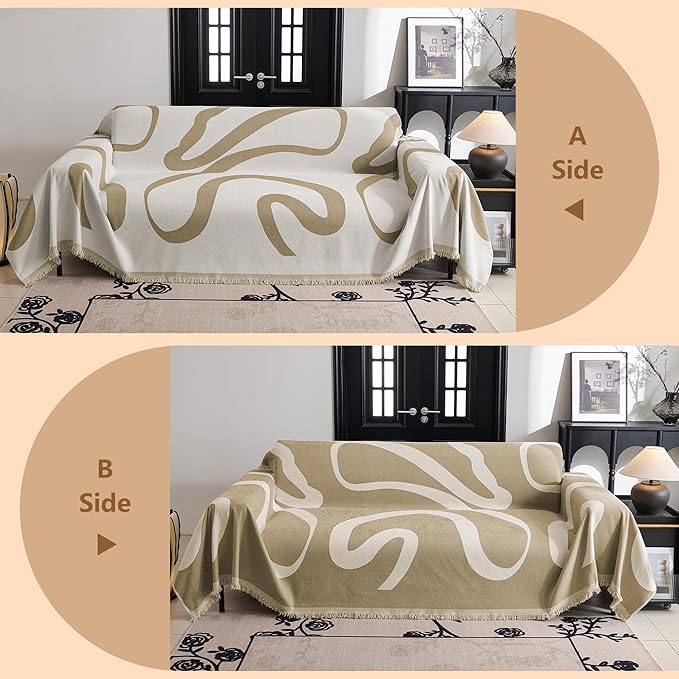 MYSKY HOME Couch Cover for 3 Cushion Couch Sofa Cover, Super Soft Boho Couch Covers for Dogs Washable, Jacquard Sofa Slipcover Furniture Protector for Living Room, 91" x 134", Khaki Curve