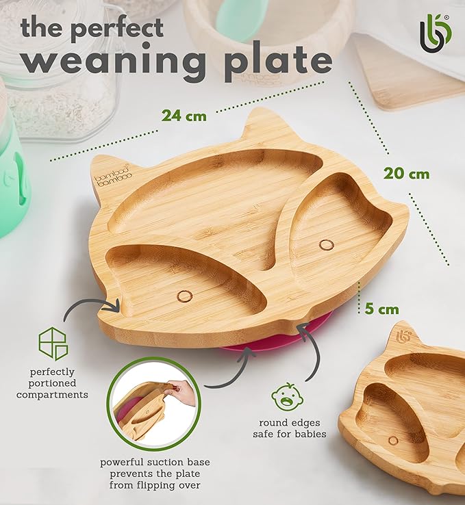 Bamboo Baby Plate with Suction - Kids and Toddler Suction Cup Plate for Babies, Non-toxic All-Natural Bamboo Baby Food Plate Stays Cool to the Touch for Baby-Led Weaning (Fox-Cherry)