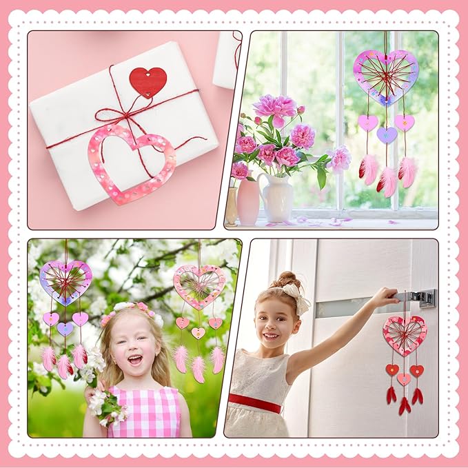 Fennoral 6 Pack Heart Dream Catcher Craft Kit for Kids Paint You Own Love Heart Dream Catcher DIY Coloring Mother's Day Wooden Art and Craft for Art Activity Project Valentine's Day Decoration
