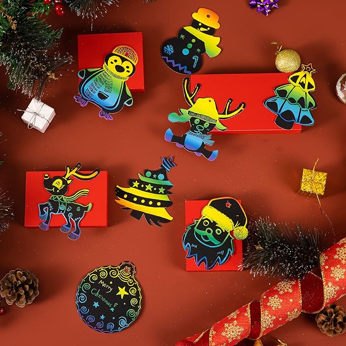 JOYIN 120 Pcs Christmas Scratch Art Ornaments, Rainbow Color Scratch Paper Craft Kit, Christmas Hanging Ornament, Scratch Off DIY Arts & Crafts Kit for Kids, Holiday Crafts Party Favor