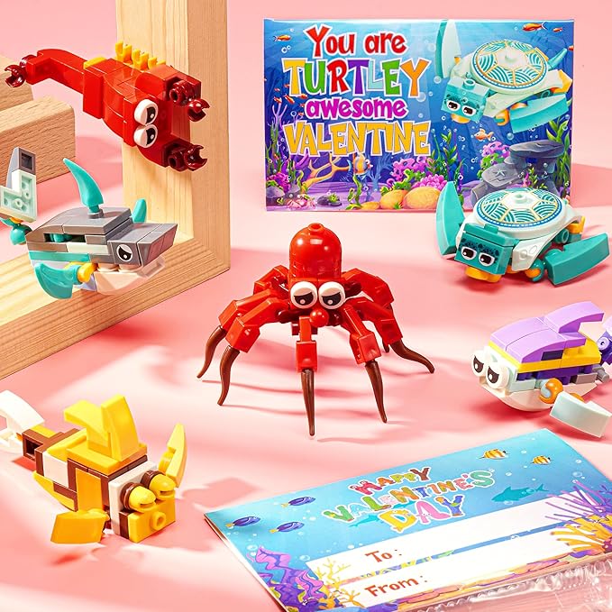 Valentines Day Gifts for Kids, 24 Pack Sea Animal Building Block Set with Valentines Day Cards for Kids Classroom School, Kids Party Favors Goodie Bags Classmate Exchange Gift Classroom Prizes