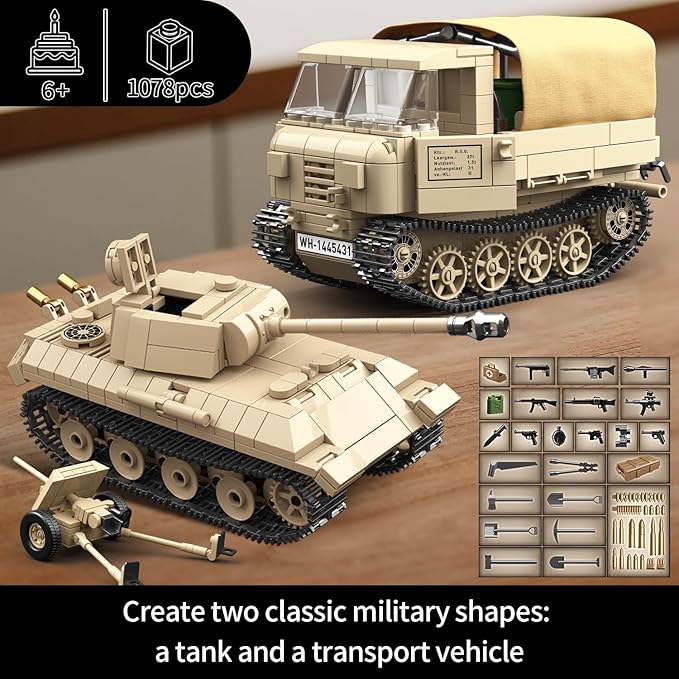 WW2 Panther Medium Tank & RSO Tractor Vehicle Building Blocks, Compatible with Lego Military Set, Great Army Gift for Kids and Teens Over 8 Years Old (1078 Pieces)