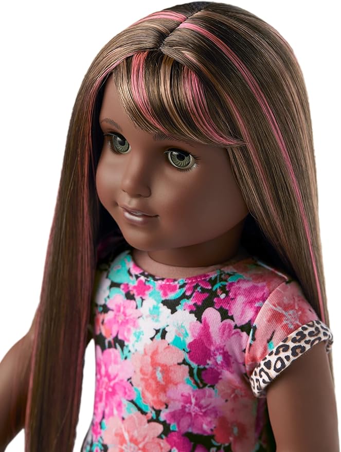 American Girl Truly Me 18-inch Doll #109 with Gray Eyes, Brown Hair w/Bangs & Highlights, Very Deep Skin, Dress, For Ages 6+