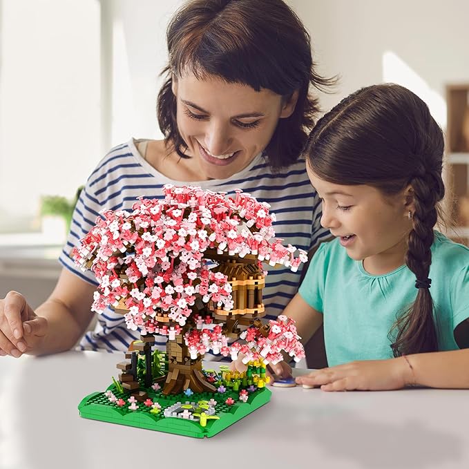 Cherry Blossom Bonsai Tree House Building Blocks Set Plants Pink Flowers Treehouse Architecture Micro Mini Block Gift for Adults and Children 1500 Pieces
