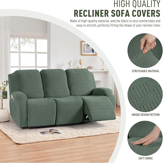 KinCam Recliner Covers, Stretch Reclining Chair Covers, Recliner Sofa Slipcovers Stripe Jacquard Recliner Couch Covers Furniture Protector Covers for Pet Kid (3 Seater, Greyish Green)