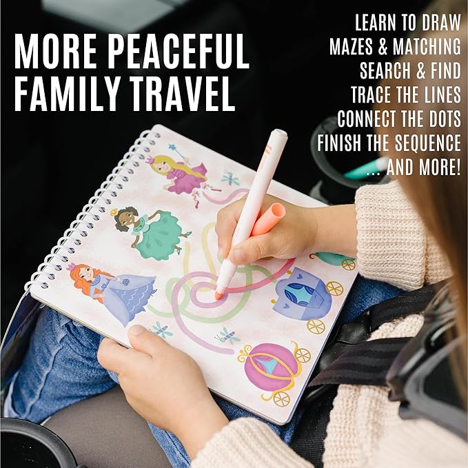 Kids Travel Educational Activity Book with Washable Markers - Car and Airplane Activities, Learning Toys for Toddlers- Search and Find, Reusable Stickers for Ages 4, 5, 6 (Princess)