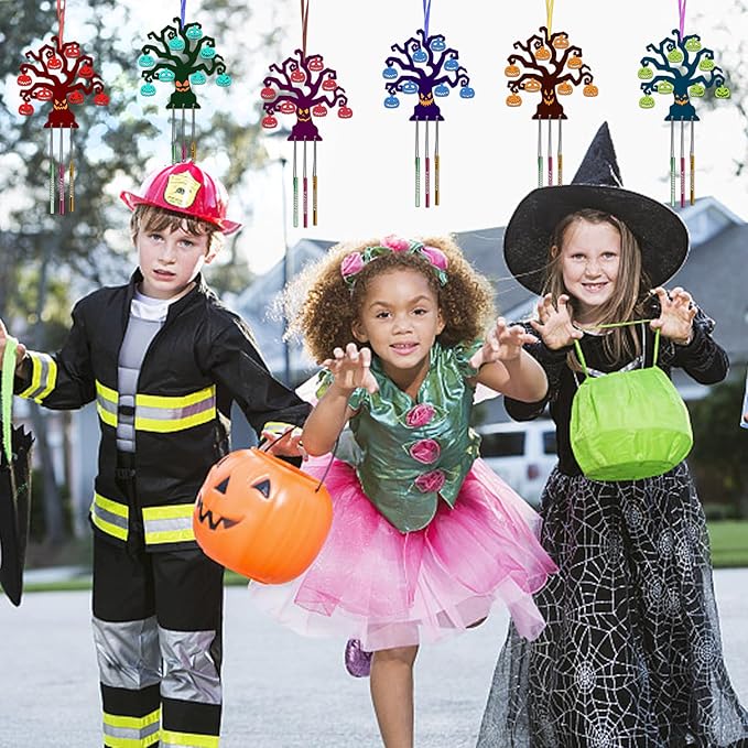 Fennoral 9 Pack Halloween Tree Wind Chime Kit for Kids Make You Own Wind Chimes Wooden Arts and Crafts DIY for Girls Boys Coloring Halloween Hanging Ornaments Halloween Party Decorations