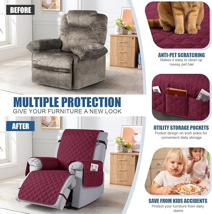 TAOCOCO 100% Waterproof Recliner Covers, Recliner Sofa Covers with Leg Straps, Reversible Recliner Couch Cover for Reclining Chair, Washable Couch Protector for Pets Kids(1 Seater 22", Wine)