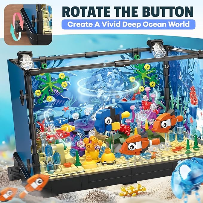 SANCO Fish Tank Building Set with LED Lights for Audlts and Kids - Aquarium Building Block Toys Creative Sea Animal Model 725PCS for Boys and Grils Age 8-12-14