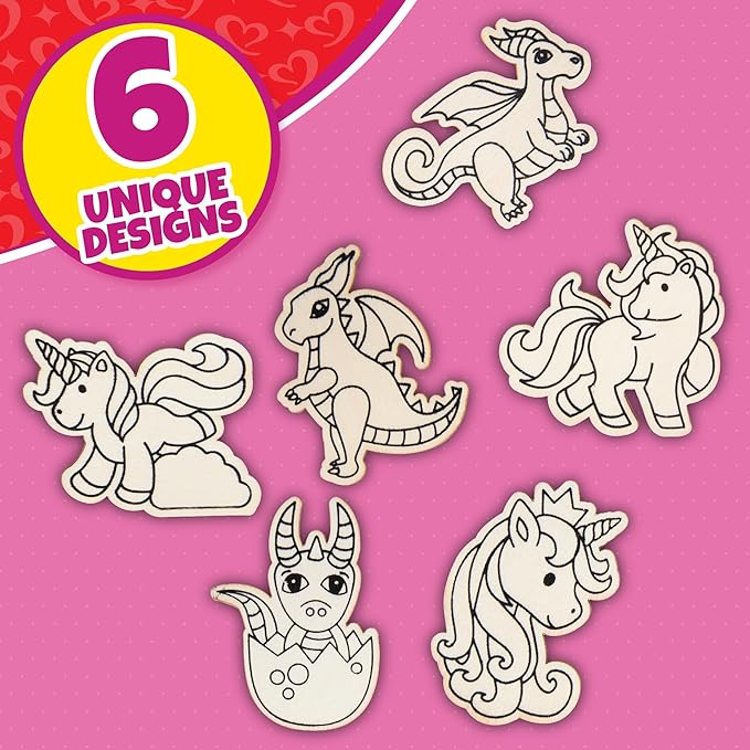 Set of 24 Valentines Cards for Kids Classroom - Valentine's Day Unicorn &Dragon Wood Painting Kits for Kids School -Each Valentines Gift Has Complete Craft Kit & Card for Boys Girls Classroom Exchange