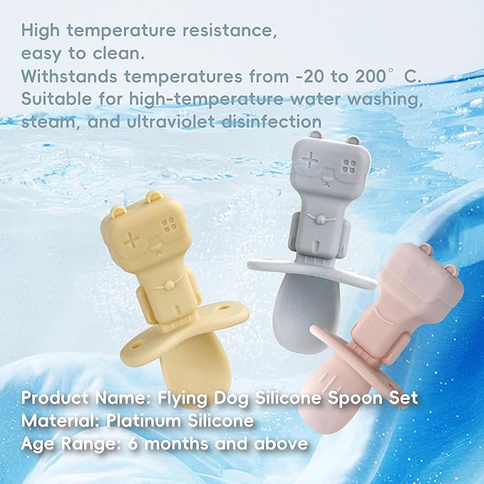 Silicone Baby Spoons, 3PCS Baby Spoons Self Feeding 6+ Months Robot Baby Utensils Baby Led Weaning Spoons with Anti Choke Barrier First Stage Training Toddler Spoons, BPA Free (Blue)