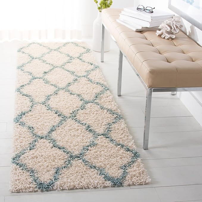 SAFAVIEH Dallas Shag Collection 2'3" x 10' Ivory / Seafoam SGDS257J Trellis Non-Shedding Living Room Bedroom Dining Room Entryway Plush 1.5-inch Thick Runner Rug