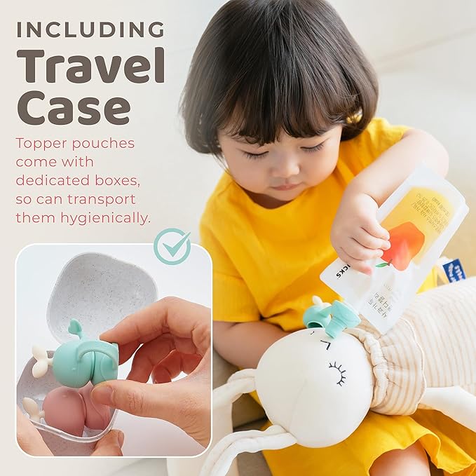 Whale SoftSip Food Pouch Topper | 2EA + Travel Case | Prevent Spills & Leakage | Protect Child Baby Toddler Mouth | Food Grade Silicone Reusable | Baby Led Weaning | BPA Free| Mint+Pink