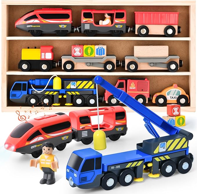 Electric Train Set Toys Wooden Magnetic Cars - Locomotive Auto Reverse/Park/Sound/Light, Gift for 3 4 5 6 Year Old Toddlers Kids Boys Truck Trains Toy, Compatible with Common Wooden Train Tracks