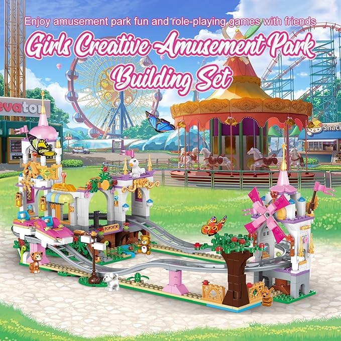 711 Piece Friends Roller Coaster Building Set,Girls Creative Amusement Park Building Kit,STEM Princess Castle | Pink Playground Park Model Building Toy,Christmas Birthday Gift for Girls Age 6+
