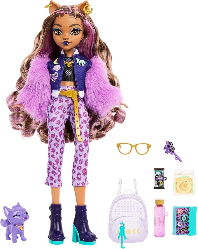 Monster High Clawdeen Wolf Doll with Pet Dog Crescent & Accessories Like Backpack, Planner, Snacks & More