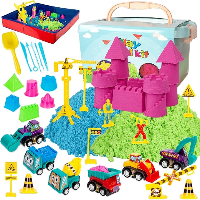 ThinkMax Sand Kit for Kids, 3lbs Sand, 6 Mini Construction Trucks, Construction Toys and Signs, Castle Sand Molds Tools, Foldable Box and Storage Bin Tote, 43PCS Sand Set for Boys Grils