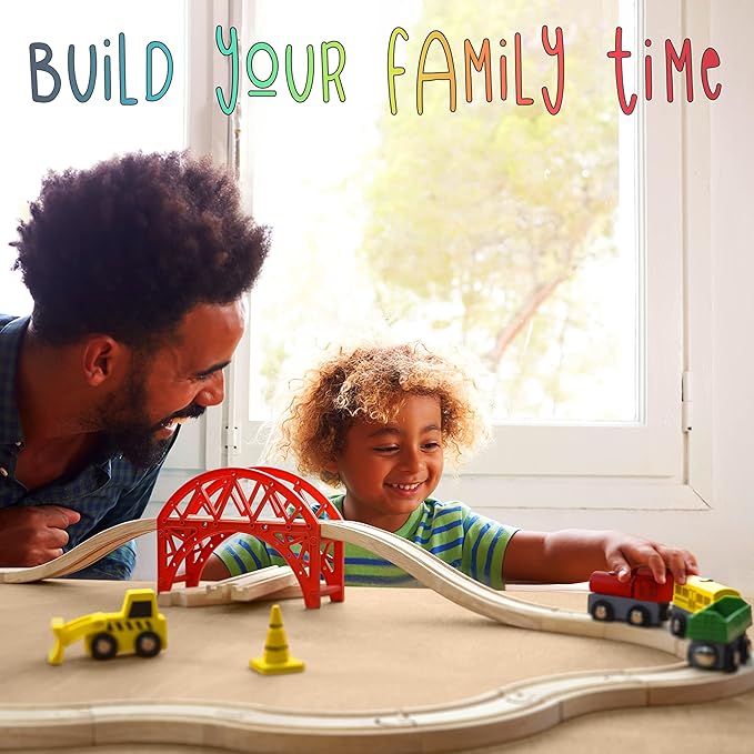 Wooden Train Sets for Boys 2-4-7 – 38 Pcs Wood Train Set for Toddlers w/Crane, Bridge & Wooden Train Tracks – Train Toys for 3 Year Old Boys & Girls – Fits Thomas Brio IKEA Melissa and Doug