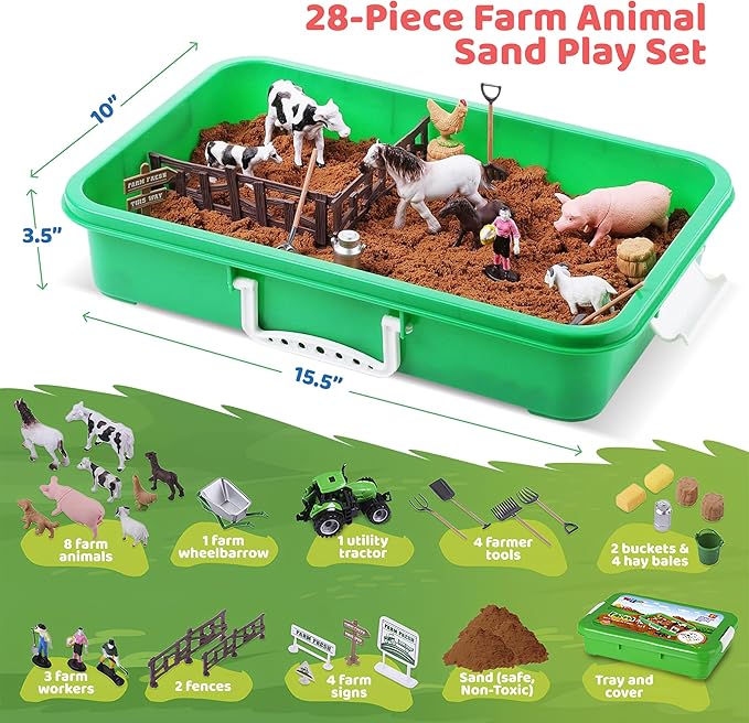 Dazmers Farm Animal Toys Sand Play Set - 28 Piece Farm Sand Playset for Kids - Includes Farm Animals, Tools, Play Sand - Fun Farm Activities for Kids - Ideal for Sensory and Creative Play