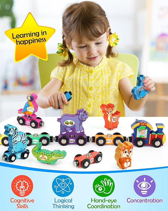 Vanmor Wooden Train Set for Toddlers, Magnetic Animal Number Train Toys for Ages3-5, Toddler Learning Toys, Fine Motor Skills Educational Toys, Preschool Activities, Toddler Boy Girl Gifts