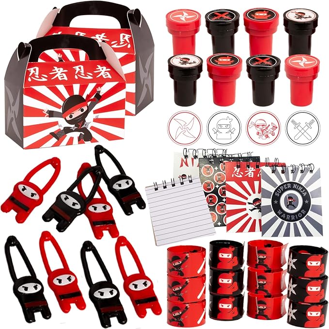 Tigerdoe Ninja Themed Party Supplies 60 Piece Set – Ninja Birthday Party Decorations – Ninja Party Favor Boxes, Notepads, Slap Bracelets, Stamps, and Slingshot Ninja Toys