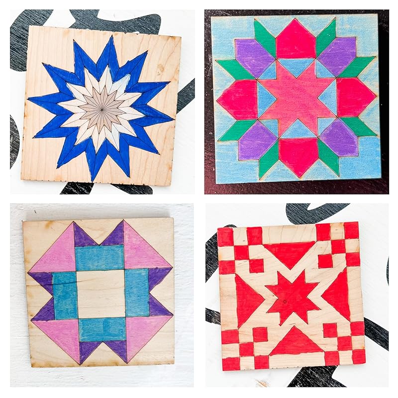 Set of 4 Barn Quilt Kit DIY Pattern Unfinished Wood Quilting Block Sign Paintable Art for Adults and Kids (6 Inches Square) (Starburst, Aesthetic Triangles, Cottage Chic Star, Swoon)