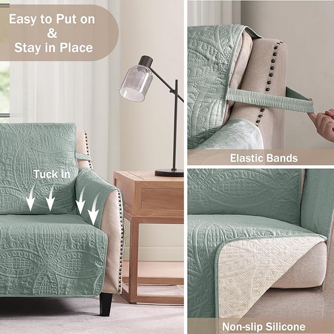 Sage Green Quilted Sofa Cover, Anti-Slip Medallion Designed Couch Covers for 3 Cushion Couch, Sofa Slipcovers for Dogs Cats Water-Repellent, Machine Washable (Large Sofa 68", Sage Green)
