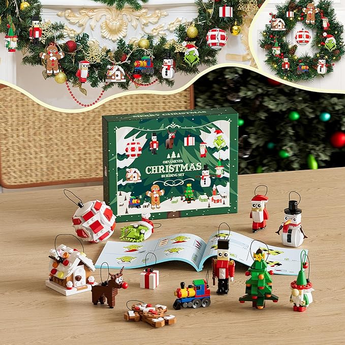 DreamCreators Christmas Ornaments Building Block with Strings for Christmas Tree 2024 New Sets,12 Pack Xmas Hanging Decorating Toys for Kids 6-12 Festival Pendants Holiday Favor Buildable Kits