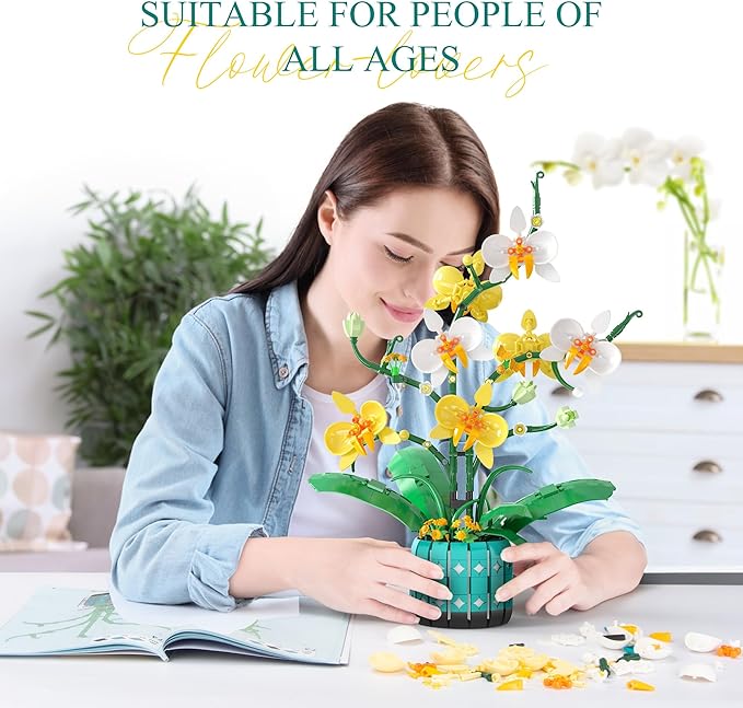 BAKA Orchid Flower Building Kit for Adults and Kids, Orchid Bonsai Building Set for Home Decor Botanical Collection in White and Yellow Orchid, Idea Gift for Valentines Day, Birthday - 1110pcs