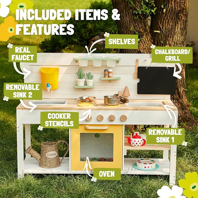 Giant bean Mud Kitchen for Kids Outdoor, Deluxe Wooden Toy Play Kitchen Set, with Sand and Water Sink, Blackboard and Kitchen Accessories for Boys and Girls Ages 3-8 Indoor & Outdoor Activities