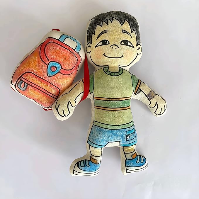 Color Your Doll - Boy Doll with Pocket & Backpack - Washable Markers Included - Educational Art & Crafts Toy for Kids - Reusable, Color, Play, Wash, Repeat - Creative Gift