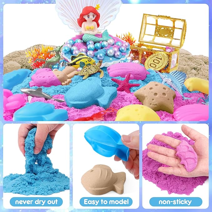 G.C Mermaid Sensory Bin for Girl Kid Toy, 103pcs Play Sand Art Kit with Sandbox/2lb Color Sand/6 Molds/Treasure Box/Shell, Ocean Sensory Toy Christmas Birthday Gift for Girl Toddler Ages 3 4 5 6 7 8