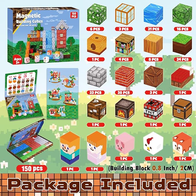 Magnetic Blocks-150PCS Grassland Magnetic Building Blocks Set, Kids Classroom Sensory Toy for Toddlers STEM Learning, Construction Stacking Toy for Kids 3+ Boys and Girls Christmas Birthday Gifts Toys