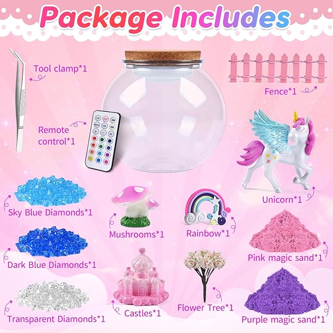 Unicorn Light-Up Terrarium - Sand Kit for Girls - LED Night Light Unicorn Toys Ages 4 5 6 7 8 - Birthday Gift for Girls - DIY Arts and Crafts Kit for Kids - Best Girls Presents