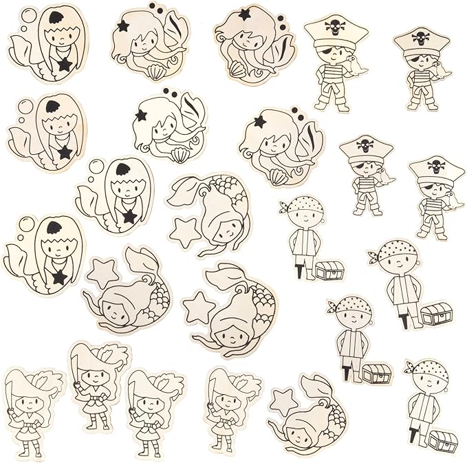 Valentines Cards for Kids Classroom -Mermaid & Pirate Wood Painting Kits (24ct)-Great Valentine's Day Gifts for Kids School Exchange -Each Valentine has Craft, Paints, Brush & Sticker for Boys & Girls