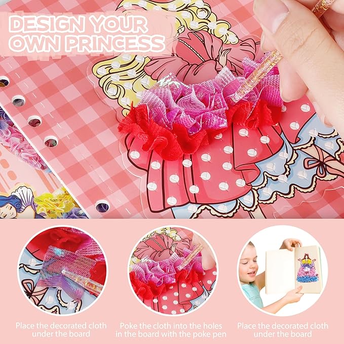 mayace Fabric Art Frenzy - 3 in 1 Creative Puzzle Puncture Painting Poke Art Kits for Kids, Childhood Infinite Dream Hand-Painted Princess Dress-up Drawing Book for Girls Kids (Pink)