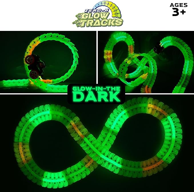 USA Toyz Zero-G Glow Race Track for Kids- 150pcs Glow in The Dark Flexible Race Track Set with Suction Cups, Slot Car, 2 Graffiti Toy Cars Shells, STEM Toy LED Car Tracks for Boys and Girls Age 3+