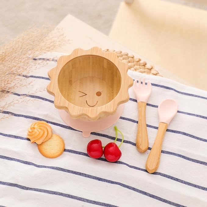 let's make Bamboo Suction Bowl for Baby Kid Toddler Bowl Spoon Fork Set with Removable Silicone Suction All-Natural Baby Feeding Set for Baby-Led Weaning Fits Feeding High Chair Table