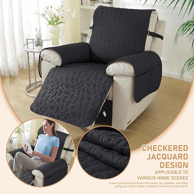 Recliner Covers That Stay in Place, 100% Waterproof Non-Slip Recliner Chair Covers with Pocket, Elastic Straps, Washable Reclining Chair Protector for Kids, Pets, Dog, Cat,Black,23IN
