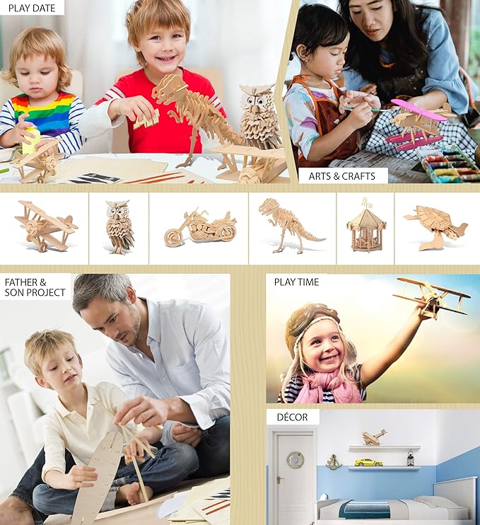 Puzzled Wooden Airplane Model Kits - Water Plane, Spirit of St. Louis, Nieuport 17 & Tri-Plane 3D Wooden Puzzles Set, Educational Adults & Kids Toys DIY Airplane Kit Assembly Planes to Build - 4 Pack