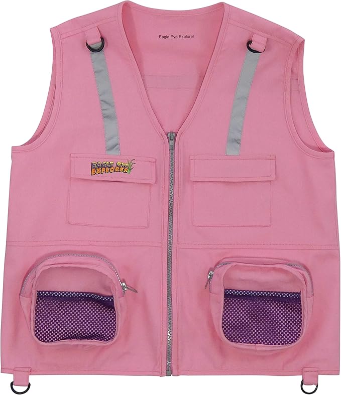 Multi-Piece Set Cargo Vest with Reflective Safety Straps, 1 8x21 Magnification Binoculars and Safari Hat for Boys and Girls (Small/Medium, Pink Vest, Pink Vest and Pink Binocular)