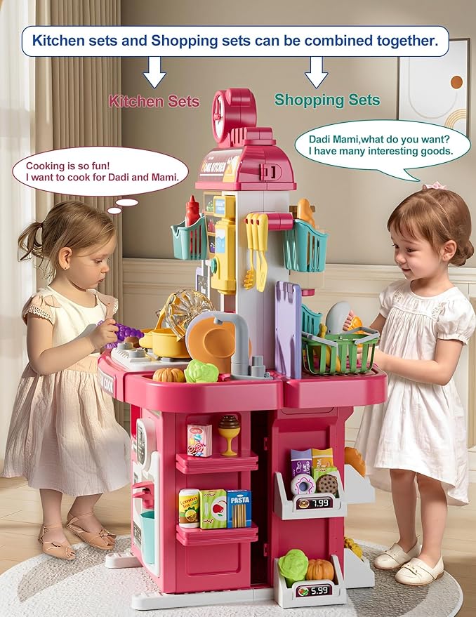 Shopping Supermarket Playset - Kids Grocery Store Pretend Play Toy for Ages 3-8 Girls Boys Unisex Children, Toy Cash Register with Scanner - Role-Playing Toys Fun (Shopping Green)