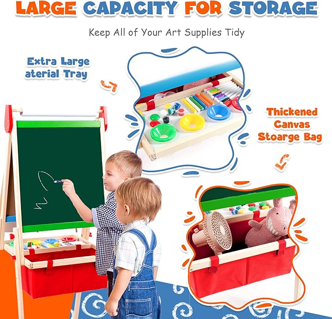 Kids Easel Including 100+ Accessories, Double Sided Wooden Easel for Kids - Magnetic Chalkboard & Painting Board & 2 Paper Rolls, Art Easel Supplies for Toddlers 3-8 Height Adjustable
