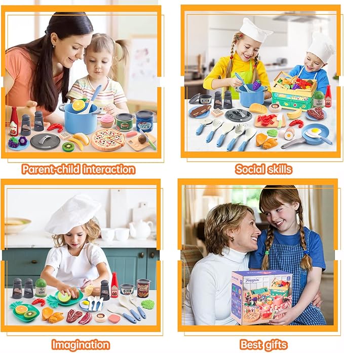 80Pcs Kitchen Playset, Toddler Pretend Cooking with Pots, Pans, Cookware, Food, Picnic Blanket, Fruits, Veges, Shopping Storage Basket, Dessert, Learning Gift for Girls Boys (Blue)