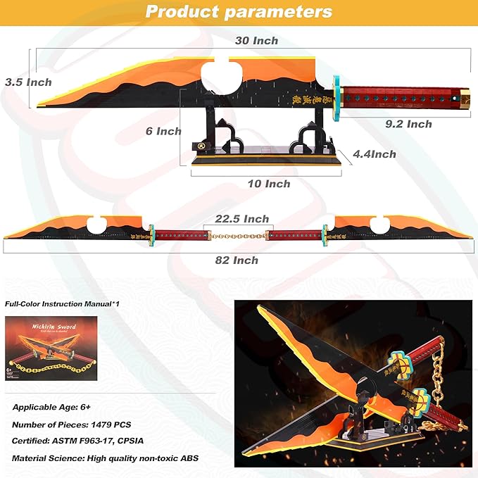Jorumo Demon Slayer Sword Building Set, 82in Double Blade Tengen Uzui Sword Building Block with Stand, Handmade Cosplay Anime Sword Toy Building Set for Collecting and Gifting 1478Pcs