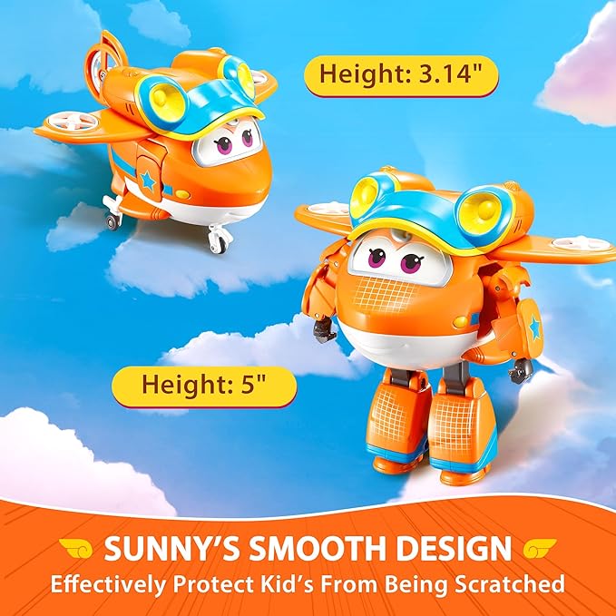Super Wings 5" Transforming Sunny, Airplane Toys Vehicle Action Figure, Season 5 Plane to Robot in 10 Steps, Birthday Gifts for 3 4 5 year old Boys Girls Preschool Kids, Orange