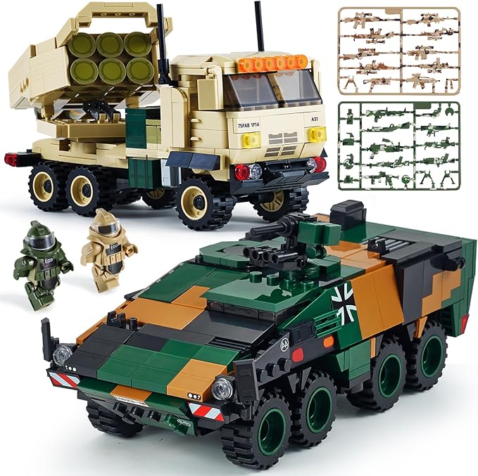 WW2 Military Vehicles Building Sets Compatible with Lego，Armored Vehicles Building Kit，Featuring 2 Military Construction Models Building Block，Army Base Toys for Boys, and Teens Age 8-14
