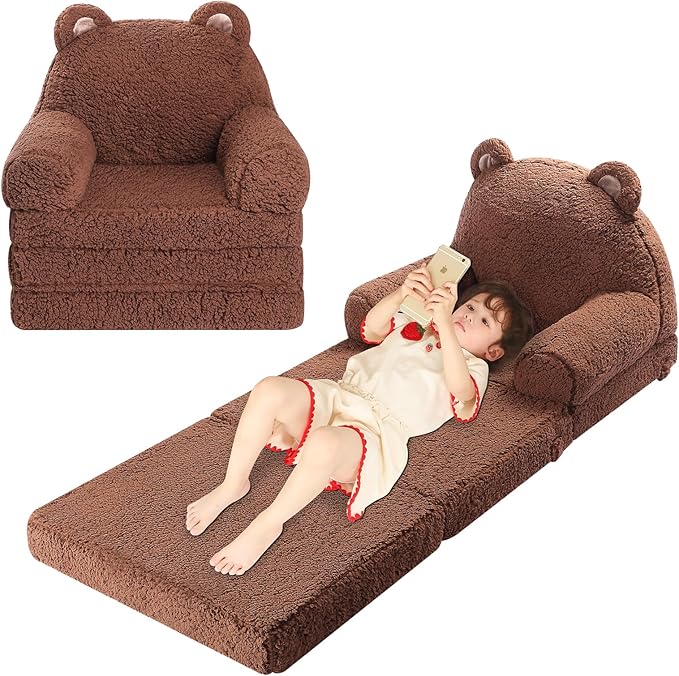 Foldable Kids Sofa, Sherpa Teddy Bear Toddler Couch with Tri Folding Foam Cushions, Comfy Kids Couch for Kids Age 18 Months and Up